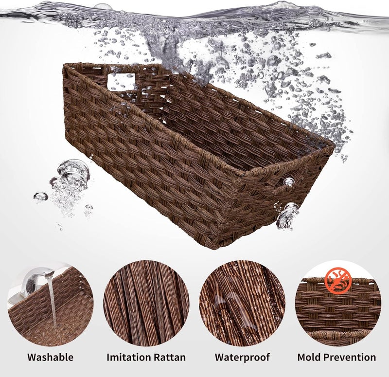 onlytak Large Wicker Storage Basket, Metal Frame, Set of 2, Washable Waterproof, 15" x 10.3" x 5.2", Brown Color, Woven Basket for Pantry, Toilet, Bathroom, Bedroom, Patio - Image 4